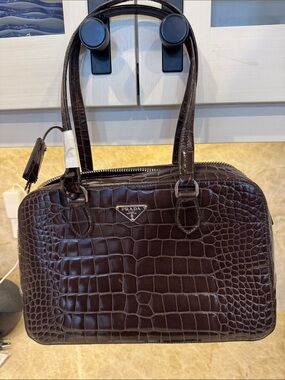 Prada Dark Brown Croc-Embossed Leather Bowling Bag